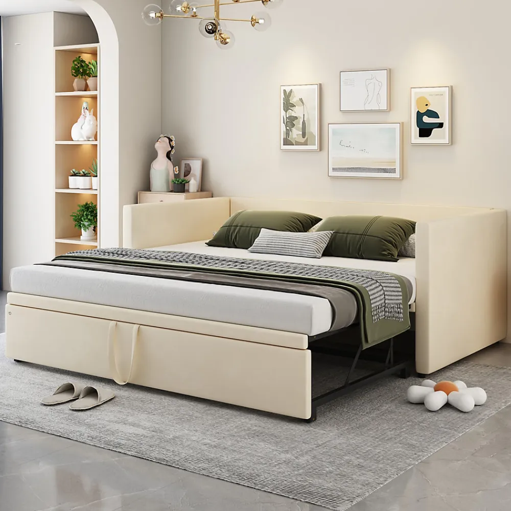 Lit Gigogne 90/180x200 cm - Lit Multifonction avec Sommier À Lattes, Sans Matelas, Velours Doux - Beige>Okwish New