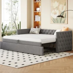 Lit Gigogne 90x200 cm - Lit Multifonction avec Sommier À Lattes, Convertible pour Chambre d'Amis, en Velours Gris, Sans Matelas><noscript><img width=