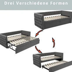 Lit Gigogne 90x200 cm - Lit Multifonction avec Sommier À Lattes, Convertible pour Chambre d'Amis, en Velours Gris, Sans Matelas><noscript><img width=