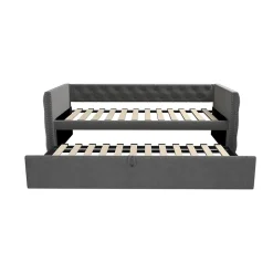 Lit Gigogne 90x200 cm - Lit Multifonction avec Sommier À Lattes, Convertible pour Chambre d'Amis, en Velours Gris, Sans Matelas><noscript><img width=