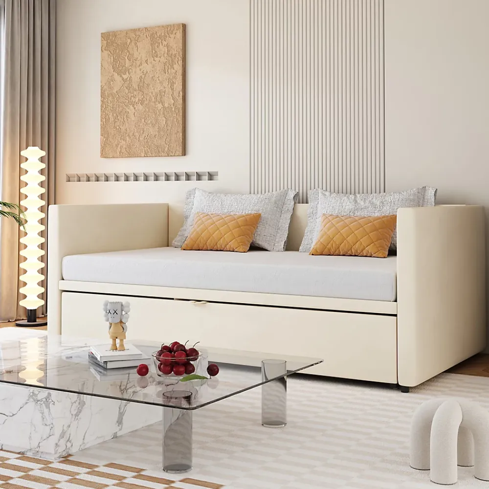 Okwish Lit Gigogne 90/180x200 cm - Lit Multifonction avec Sommier À Lattes, Convertible pour Chambre d'Amis, Velours Beige, Sans Matelas* Lit Gigogne