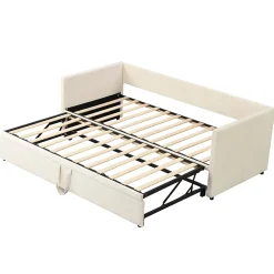 Okwish Lit Gigogne 90/180x200 cm - Lit Multifonction avec Sommier À Lattes, Convertible pour Chambre d'Amis, Velours Beige, Sans Matelas* Lit Gigogne