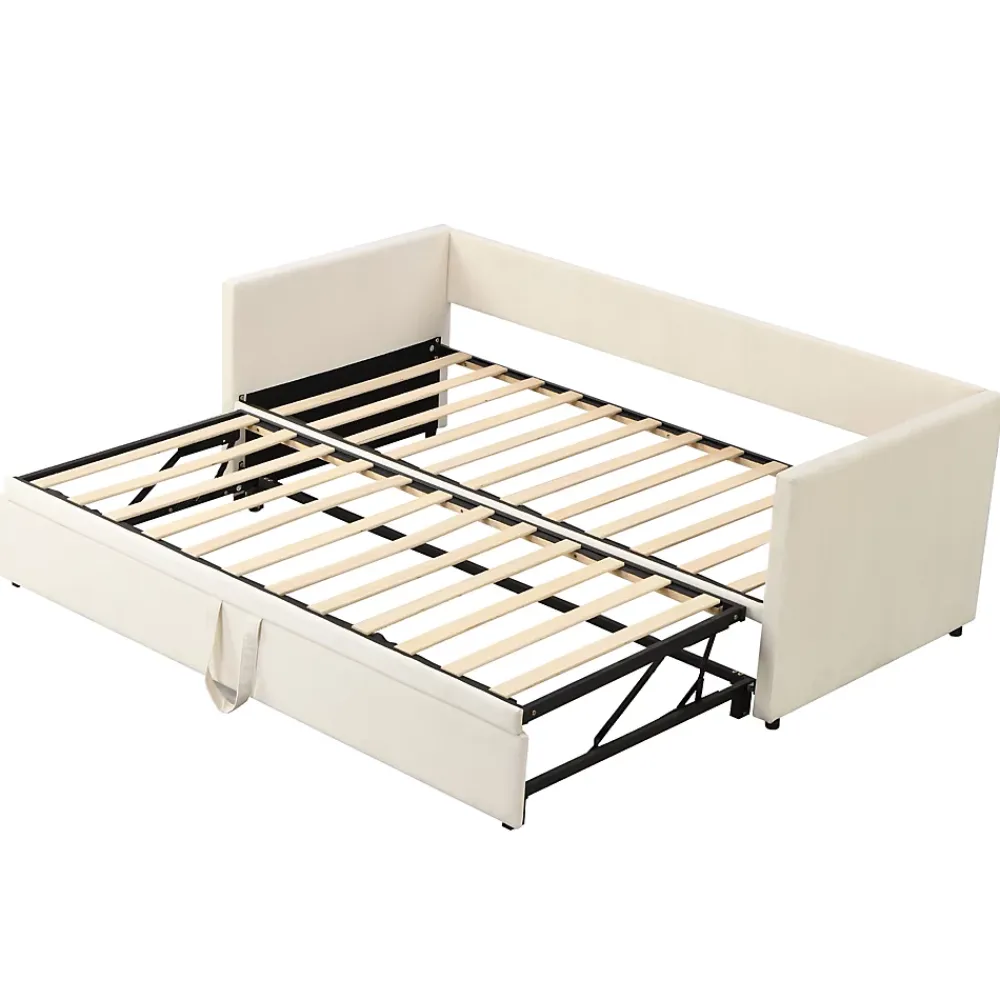 Okwish Lit Gigogne 90/180x200 cm - Lit Multifonction avec Sommier À Lattes, Convertible pour Chambre d'Amis, Velours Beige, Sans Matelas* Lit Gigogne