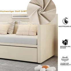 Okwish Lit Gigogne 90/180x200 cm - Lit Multifonction avec Sommier À Lattes, Convertible pour Chambre d'Amis, Velours Beige, Sans Matelas* Lit Gigogne