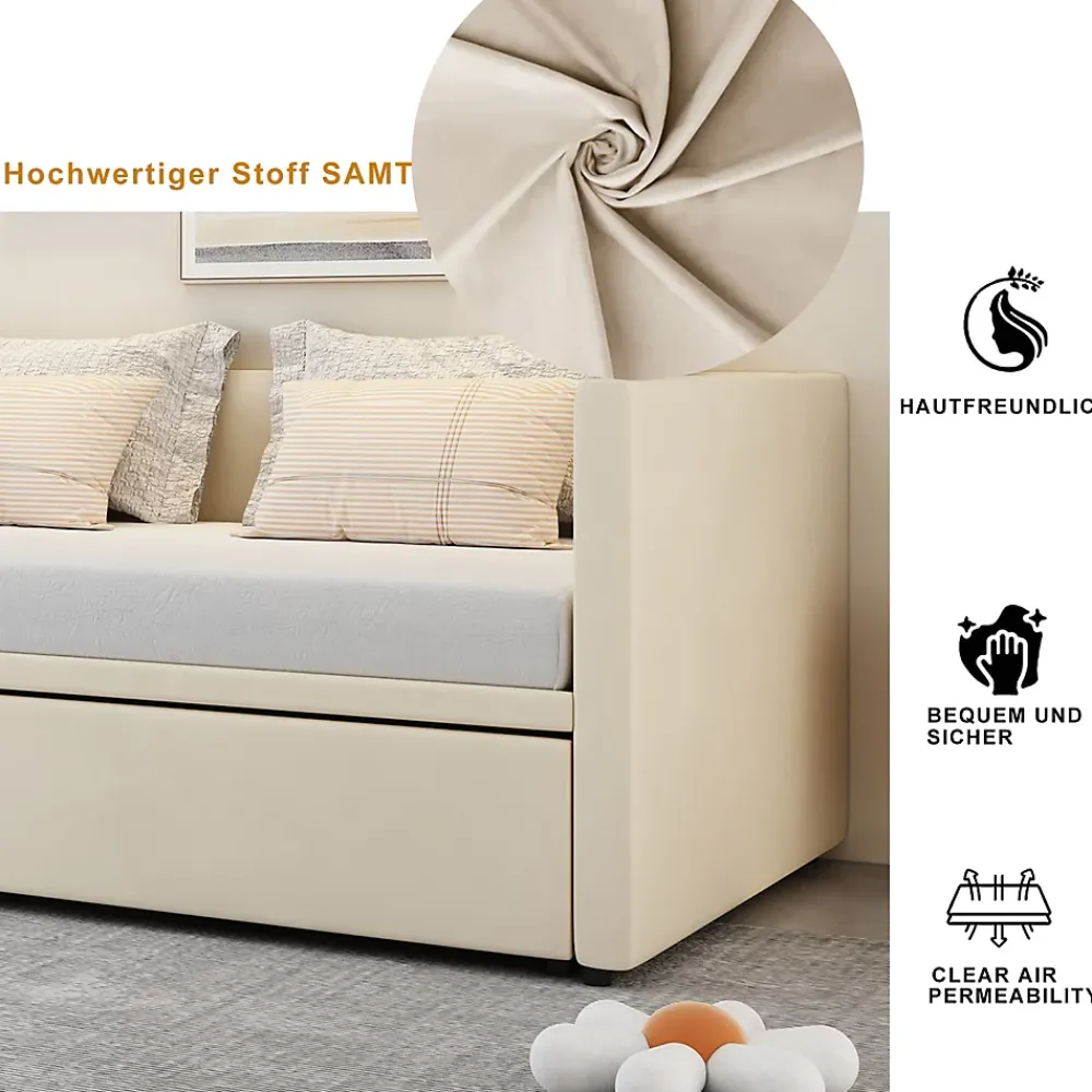 Okwish Lit Gigogne 90/180x200 cm - Lit Multifonction avec Sommier À Lattes, Convertible pour Chambre d'Amis, Velours Beige, Sans Matelas* Lit Gigogne