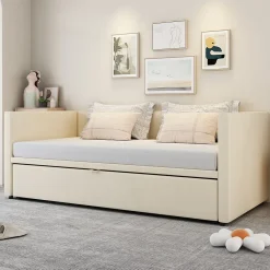 Okwish Lit Gigogne 90/180x200 cm - Lit Multifonction avec Sommier À Lattes, Convertible pour Chambre d'Amis, Velours Beige, Sans Matelas* Lit Gigogne