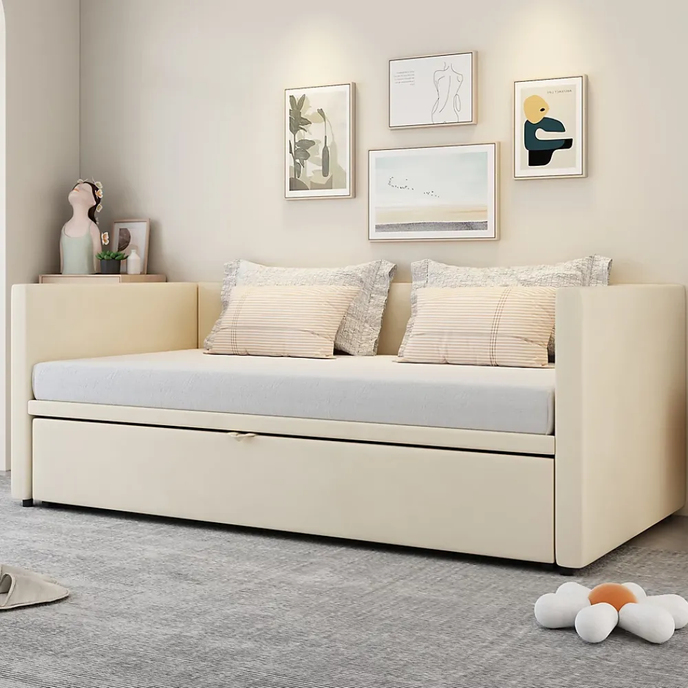 Okwish Lit Gigogne 90/180x200 cm - Lit Multifonction avec Sommier À Lattes, Convertible pour Chambre d'Amis, Velours Beige, Sans Matelas* Lit Gigogne