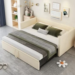 Okwish Lit Gigogne 90/180x200 cm - Lit Multifonction avec Sommier À Lattes, Convertible pour Chambre d'Amis, Velours Beige, Sans Matelas* Lit Gigogne