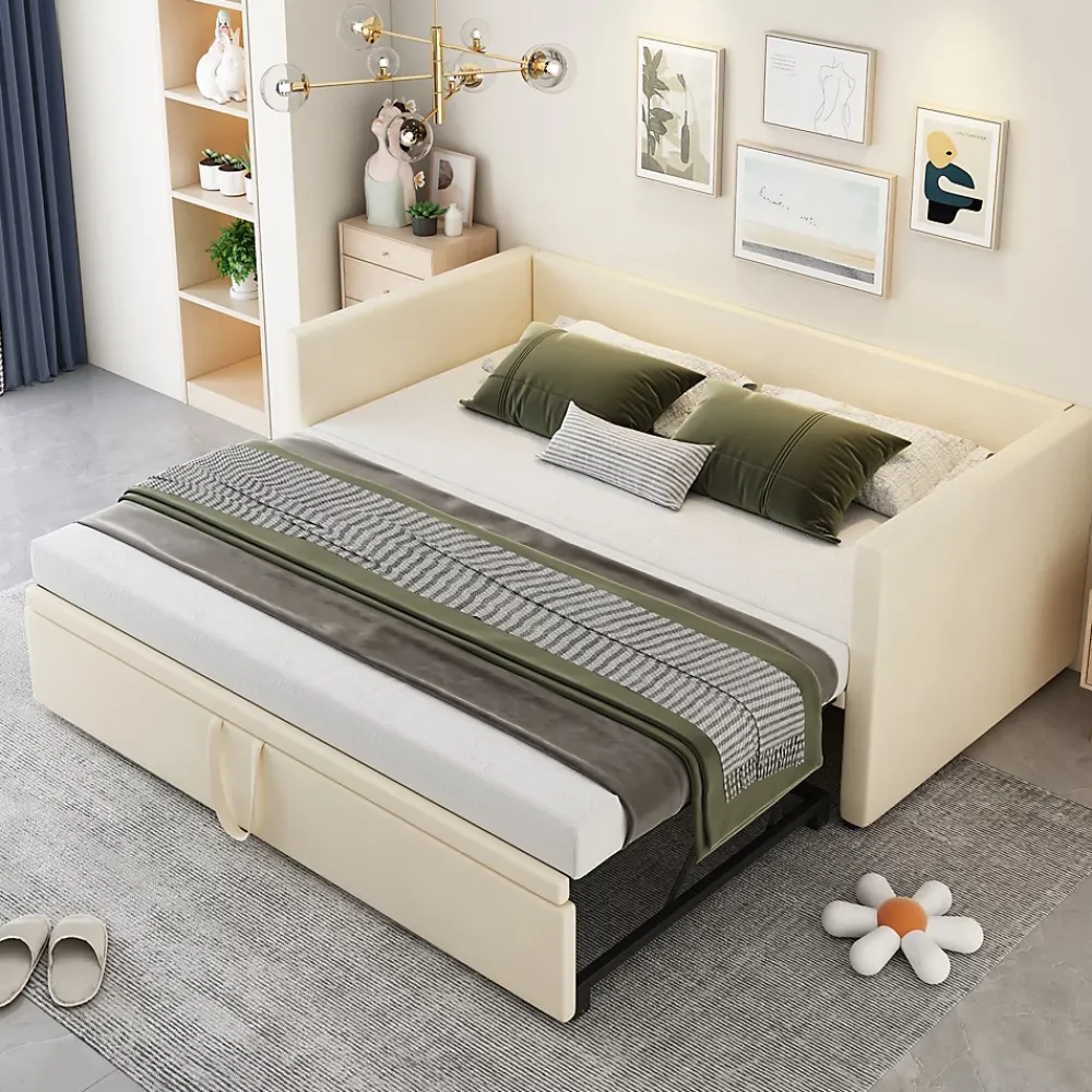 Okwish Lit Gigogne 90/180x200 cm - Lit Multifonction avec Sommier À Lattes, Convertible pour Chambre d'Amis, Velours Beige, Sans Matelas* Lit Gigogne