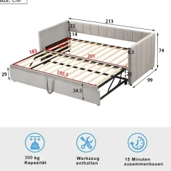 Okwish Lit Gigogne 90/180x200 cm - Lit Multifonction Convertible en Velours Doux, Sans Matelas - Gris Clair* Lit Gigogne