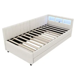 Okwish Lit Gigogne 90x200 cm - Lit Simple Enfant avec Éclairage LED Télécommandé et Port USB Type C - Sans Matelas - Lin Beige* Lit Gigogne