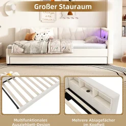 Okwish Lit Gigogne 90x200 cm - Lit Simple Enfant avec Éclairage LED Télécommandé et Port USB Type C - Sans Matelas - Lin Beige* Lit Gigogne