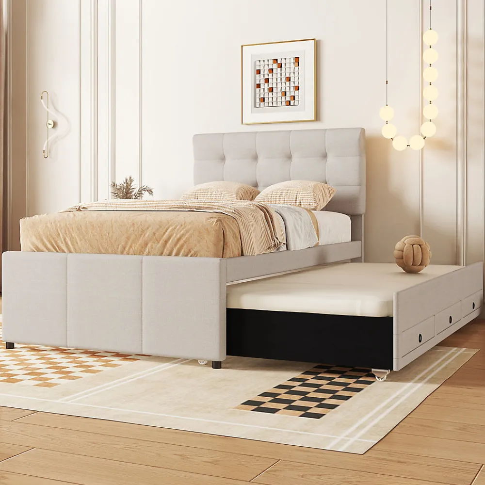 Lit Gigogne 90x200 cm - Lit Simple Enfant Rembourré avec Tête de Lit Réglable et 3 Tiroirs - Sans Matelas - Lin Beige>Okwish Hot
