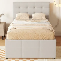 Lit Gigogne 90x200 cm - Lit Simple Enfant Rembourré avec Tête de Lit Réglable et 3 Tiroirs - Sans Matelas - Lin Beige><noscript><img width=