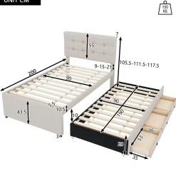 Lit Gigogne 90x200 cm - Lit Simple Enfant Rembourré avec Tête de Lit Réglable et 3 Tiroirs - Sans Matelas - Lin Beige><noscript><img width=