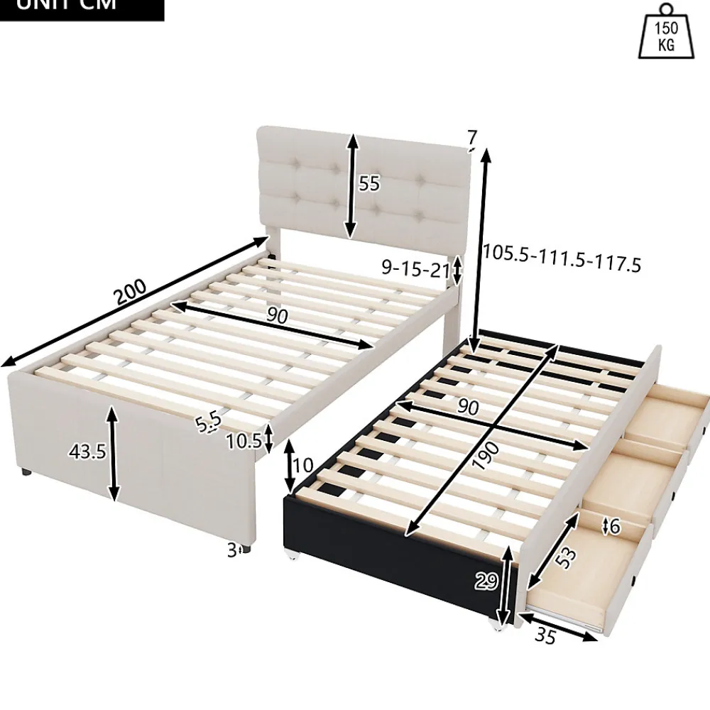 Lit Gigogne 90x200 cm - Lit Simple Enfant Rembourré avec Tête de Lit Réglable et 3 Tiroirs - Sans Matelas - Lin Beige>Okwish Hot