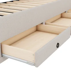 Lit Gigogne 90x200 cm - Lit Simple Enfant Rembourré avec Tête de Lit Réglable et 3 Tiroirs - Sans Matelas - Lin Beige><noscript><img width=