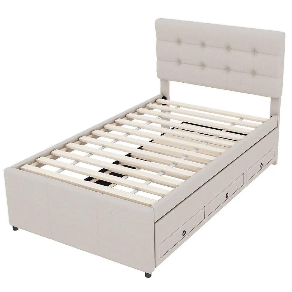 Lit Gigogne 90x200 cm - Lit Simple Enfant Rembourré avec Tête de Lit Réglable et 3 Tiroirs - Sans Matelas - Lin Beige>Okwish Hot