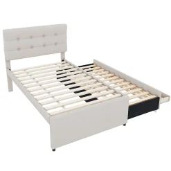 Lit Gigogne 90x200 cm - Lit Simple Enfant Rembourré avec Tête de Lit Réglable et 3 Tiroirs - Sans Matelas - Lin Beige><noscript><img width=