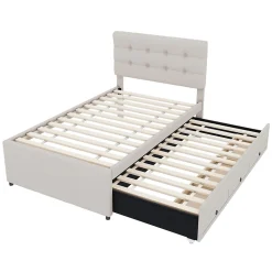 Lit Gigogne 90x200 cm - Lit Simple Enfant Rembourré avec Tête de Lit Réglable et 3 Tiroirs - Sans Matelas - Lin Beige><noscript><img width=