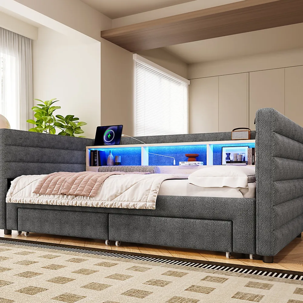 Lit Gigogne 90x190 cm - Lit Simple avec 2 Tiroirs et Étagères - LED et Ports USB Intégrés - Multifonction en Velours Gris>Okwish New