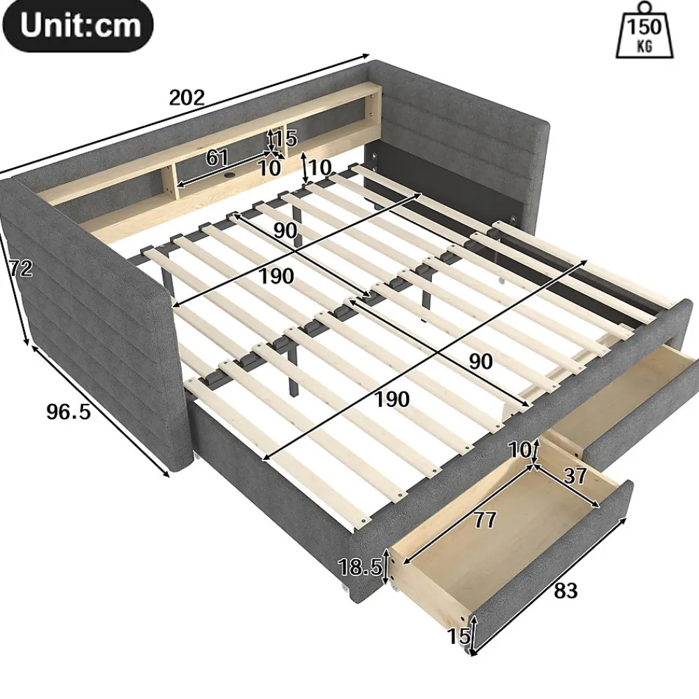 Lit Gigogne 90x190 cm - Lit Simple avec 2 Tiroirs et Étagères - LED et Ports USB Intégrés - Multifonction en Velours Gris>Okwish New