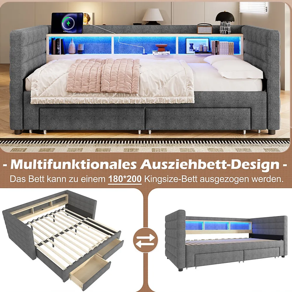 Lit Gigogne 90x190 cm - Lit Simple avec 2 Tiroirs et Étagères - LED et Ports USB Intégrés - Multifonction en Velours Gris>Okwish New