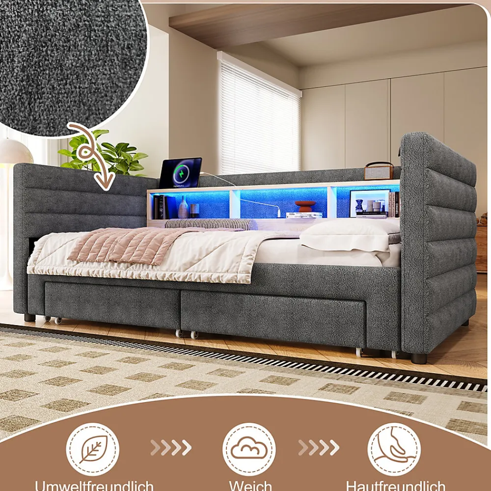 Lit Gigogne 90x190 cm - Lit Simple avec 2 Tiroirs et Étagères - LED et Ports USB Intégrés - Multifonction en Velours Gris>Okwish New
