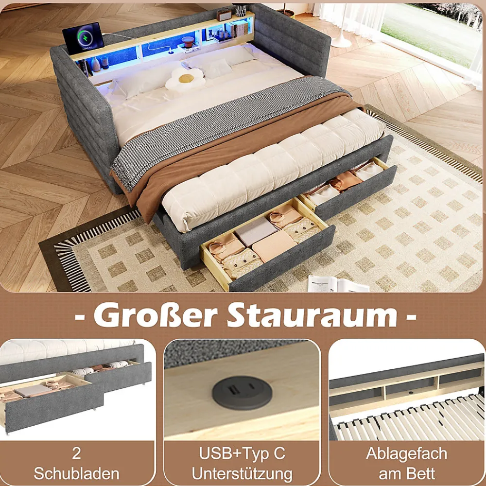 Lit Gigogne 90x190 cm - Lit Simple avec 2 Tiroirs et Étagères - LED et Ports USB Intégrés - Multifonction en Velours Gris>Okwish New