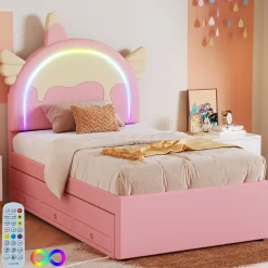Okwish Lit gigogne 90x200 cm - Lit simple enfant avec lit gigogne - PU + MDF - Sans matelas - Rose* Lit Avec Rangement