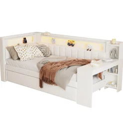 Okwish Lit gigogne 90x200 cm - Lit simple avec port USB et bande LED - Bois - Sans matelas - Blanc* Lit Gigogne