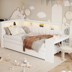 Okwish Lit gigogne 90x200 cm - Lit simple avec port USB et bande LED - Bois - Sans matelas - Blanc* Lit Gigogne