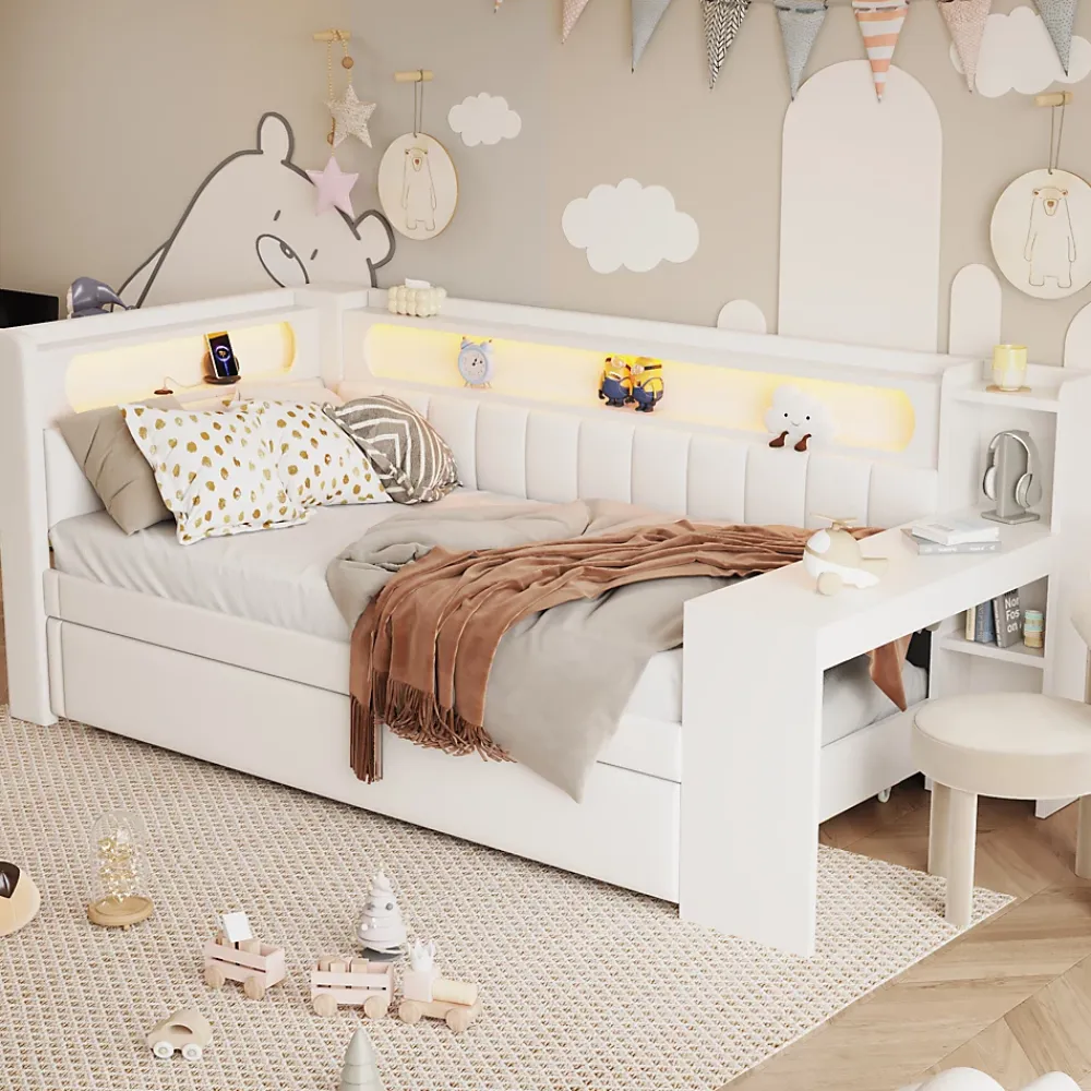 Okwish Lit gigogne 90x200 cm - Lit simple avec port USB et bande LED - Bois - Sans matelas - Blanc* Lit Gigogne