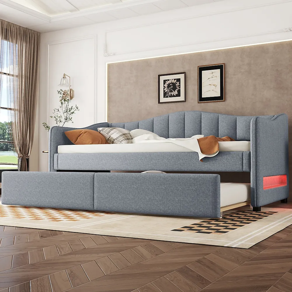 Lit gigogne 90x200 cm - Lit simple avec lit tiroir et sommier à lattes - Lin + MDF - Sans matelas - Gris>Okwish Hot