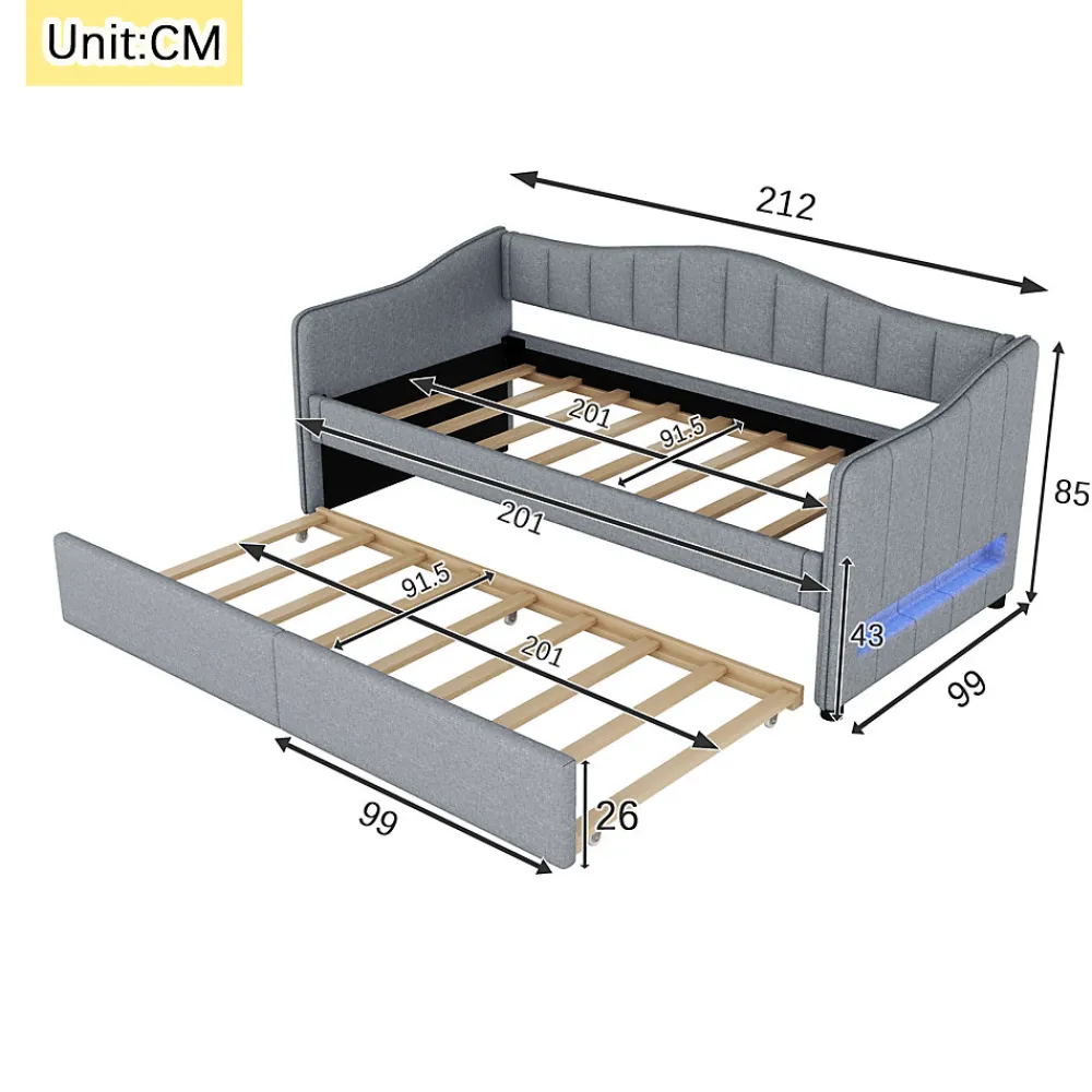 Lit gigogne 90x200 cm - Lit simple avec lit tiroir et sommier à lattes - Lin + MDF - Sans matelas - Gris>Okwish Hot