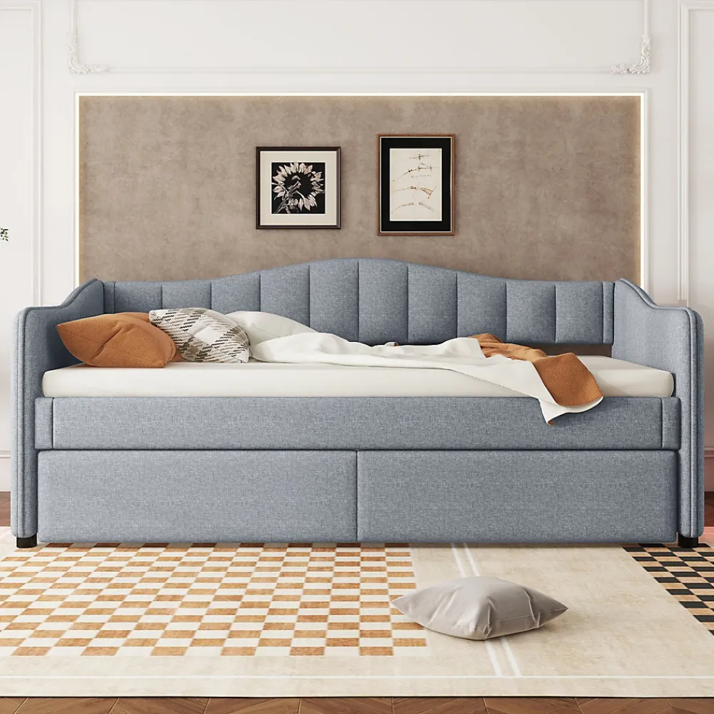 Lit gigogne 90x200 cm - Lit simple avec lit tiroir et sommier à lattes - Lin + MDF - Sans matelas - Gris>Okwish Hot