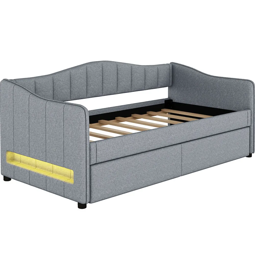 Lit gigogne 90x200 cm - Lit simple avec lit tiroir et sommier à lattes - Lin + MDF - Sans matelas - Gris>Okwish Hot