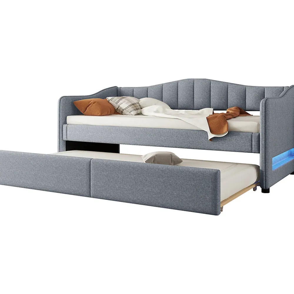 Lit gigogne 90x200 cm - Lit simple avec lit tiroir et sommier à lattes - Lin + MDF - Sans matelas - Gris>Okwish Hot