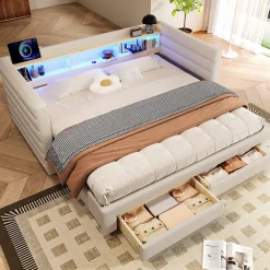 Lit Gigogne 90x190 cm - Lit Simple avec 2 Tiroirs et Étagères - LED et Ports USB Intégrés - Multifonction en Velours Beige>Okwish