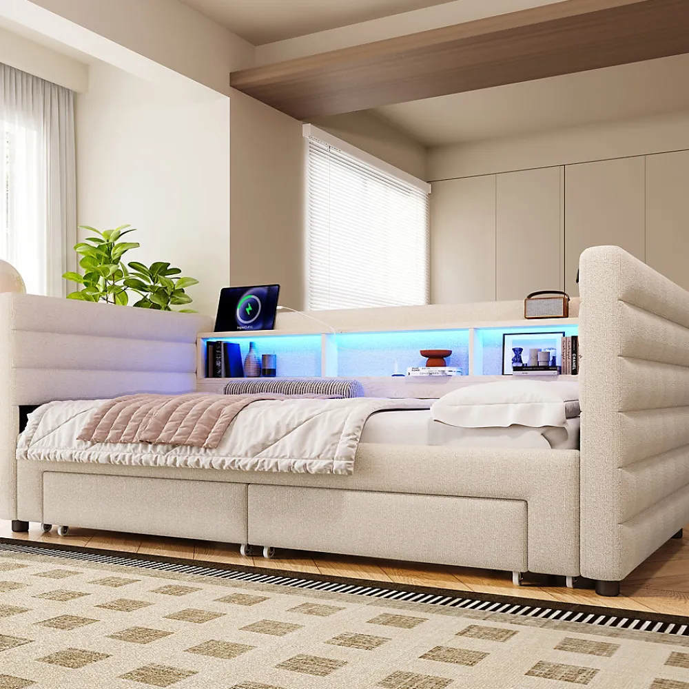 Lit Gigogne 90x190 cm - Lit Simple avec 2 Tiroirs et Étagères - LED et Ports USB Intégrés - Multifonction en Velours Beige>Okwish