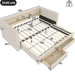 Lit Gigogne 90x190 cm - Lit Simple avec 2 Tiroirs et Étagères - LED et Ports USB Intégrés - Multifonction en Velours Beige><noscript><img width=