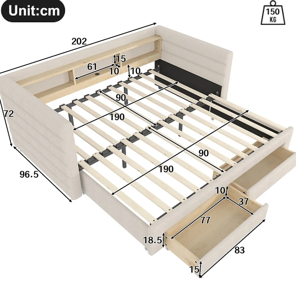 Lit Gigogne 90x190 cm - Lit Simple avec 2 Tiroirs et Étagères - LED et Ports USB Intégrés - Multifonction en Velours Beige>Okwish