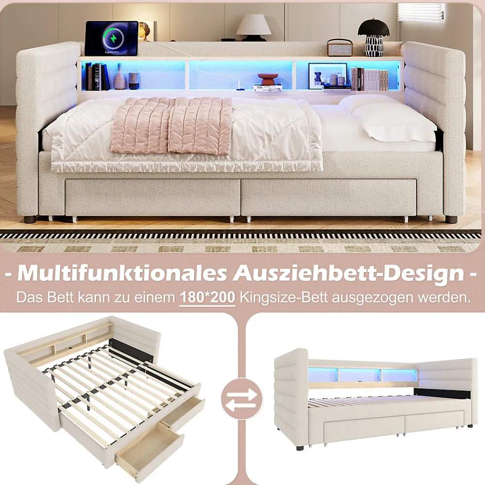 Lit Gigogne 90x190 cm - Lit Simple avec 2 Tiroirs et Étagères - LED et Ports USB Intégrés - Multifonction en Velours Beige>Okwish