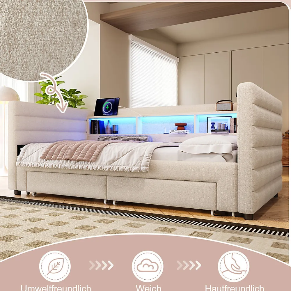 Lit Gigogne 90x190 cm - Lit Simple avec 2 Tiroirs et Étagères - LED et Ports USB Intégrés - Multifonction en Velours Beige>Okwish
