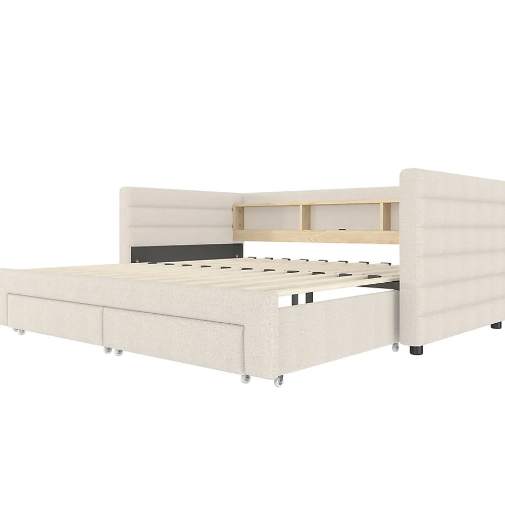 Lit Gigogne 90x190 cm - Lit Simple avec 2 Tiroirs et Étagères - LED et Ports USB Intégrés - Multifonction en Velours Beige>Okwish