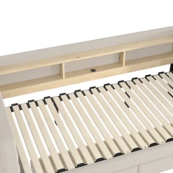 Lit Gigogne 90x190 cm - Lit Simple avec 2 Tiroirs et Étagères - LED et Ports USB Intégrés - Multifonction en Velours Beige><noscript><img width=