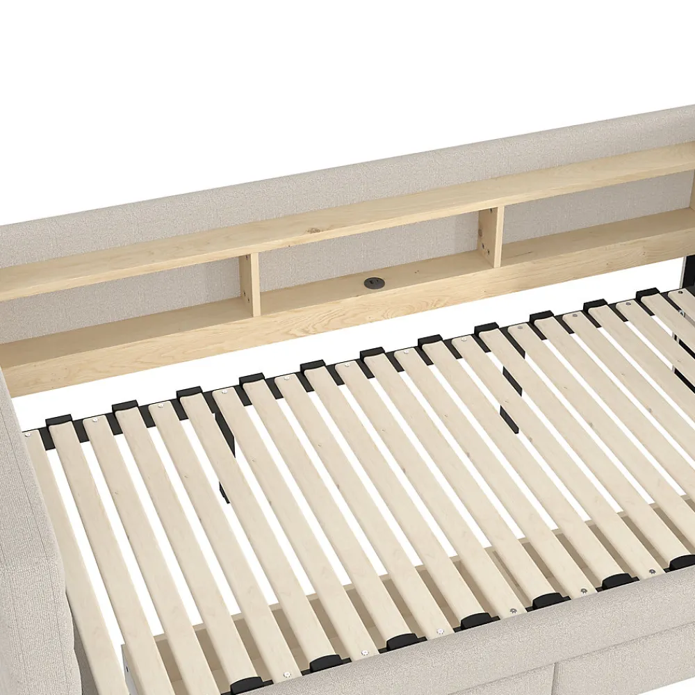 Lit Gigogne 90x190 cm - Lit Simple avec 2 Tiroirs et Étagères - LED et Ports USB Intégrés - Multifonction en Velours Beige>Okwish