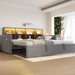 Lit Gigogne 90x190 cm - Lit Simple Capitonné avec Ports USB+Type-C, Enfant et Ado - Velours, Métal, MDF, Gris Foncé- sans Matelas>Okwish Outlet