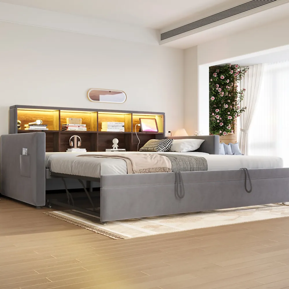 Lit Gigogne 90x190 cm - Lit Simple Capitonné avec Ports USB+Type-C, Enfant et Ado - Velours, Métal, MDF, Gris Foncé- sans Matelas>Okwish Outlet