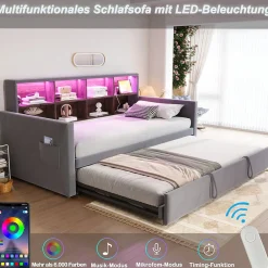 Lit Gigogne 90x190 cm - Lit Simple Capitonné avec Ports USB+Type-C, Enfant et Ado - Velours, Métal, MDF, Gris Foncé- sans Matelas><noscript><img width=